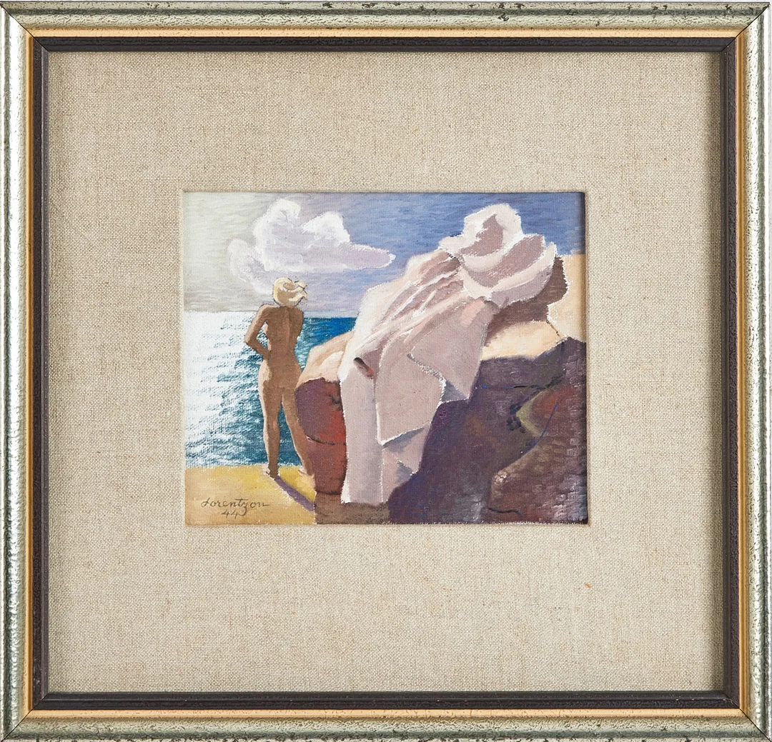 WALDEMAR LORENTZON. Kvinna vid havet, olja på pannå, signerad, daterad 44. — Paintings — Stockholms Auktionsverk Magasin 5