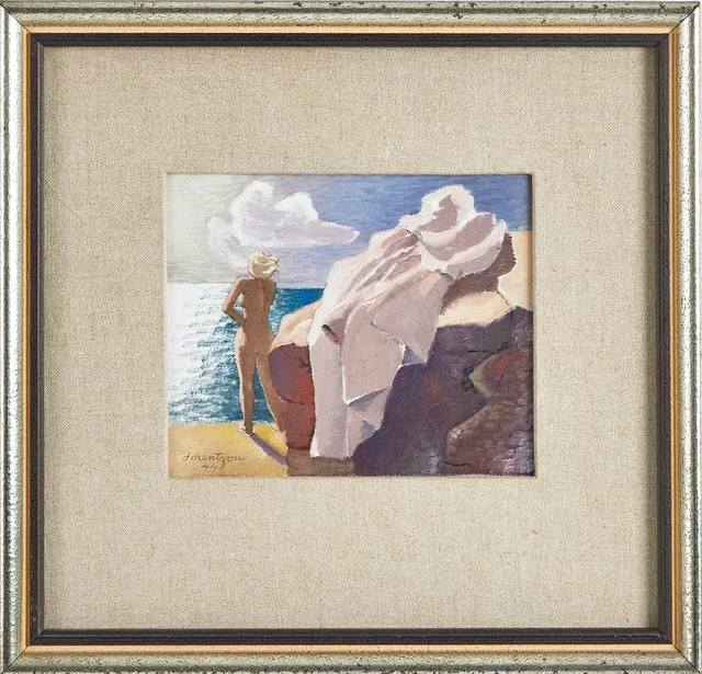 WALDEMAR LORENTZON. Kvinna vid havet, olja på pannå, signerad, daterad 44.