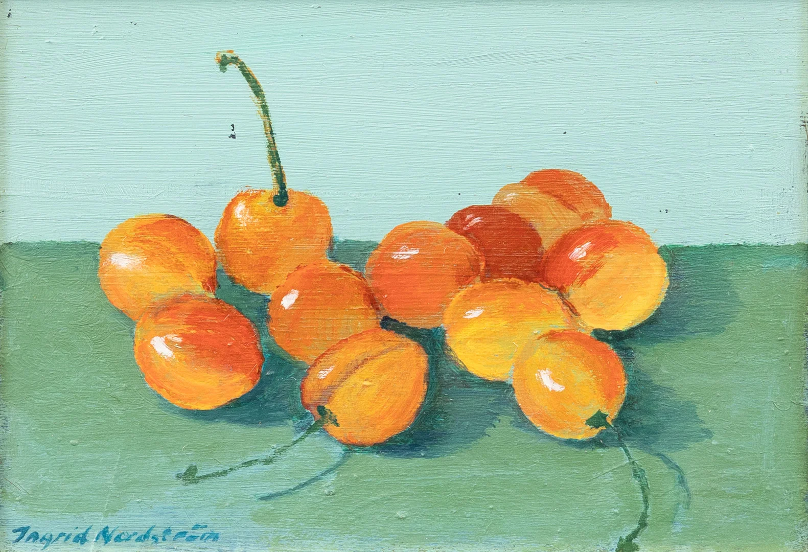 INGRID NORDSTRÖM. Körsbär, olja på pannå, signerad. — Paintings — Garpenhus Auktioner