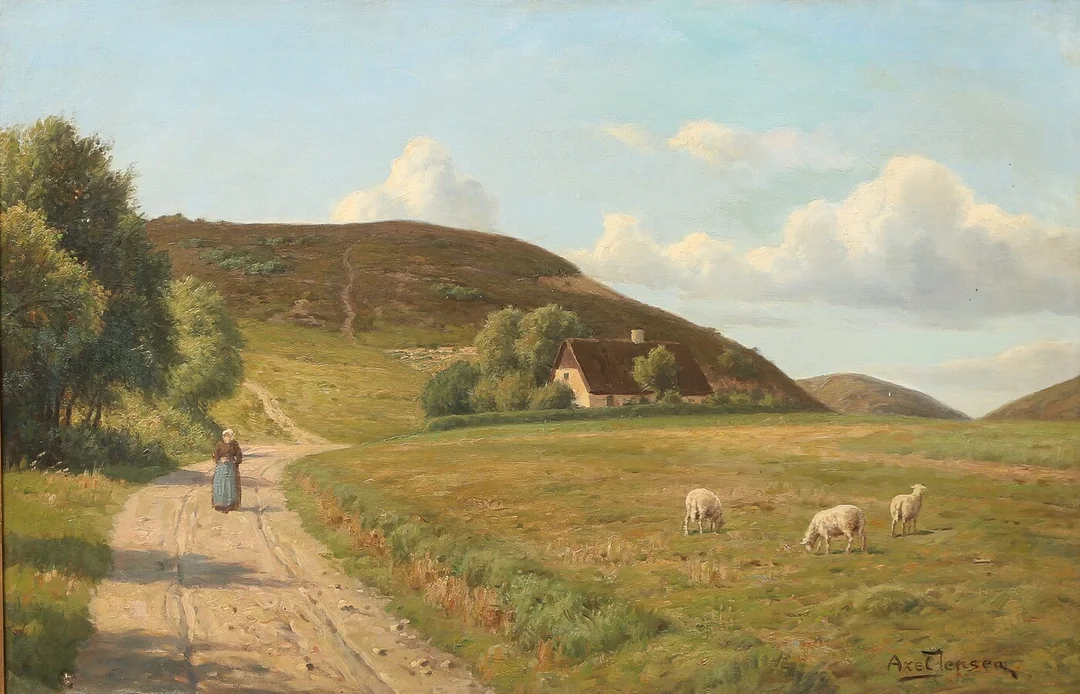 Axel Birkhammer. Hedelandskab med kvinde og får — Paintings and sculptures/Older pictorial arts — Lauritz