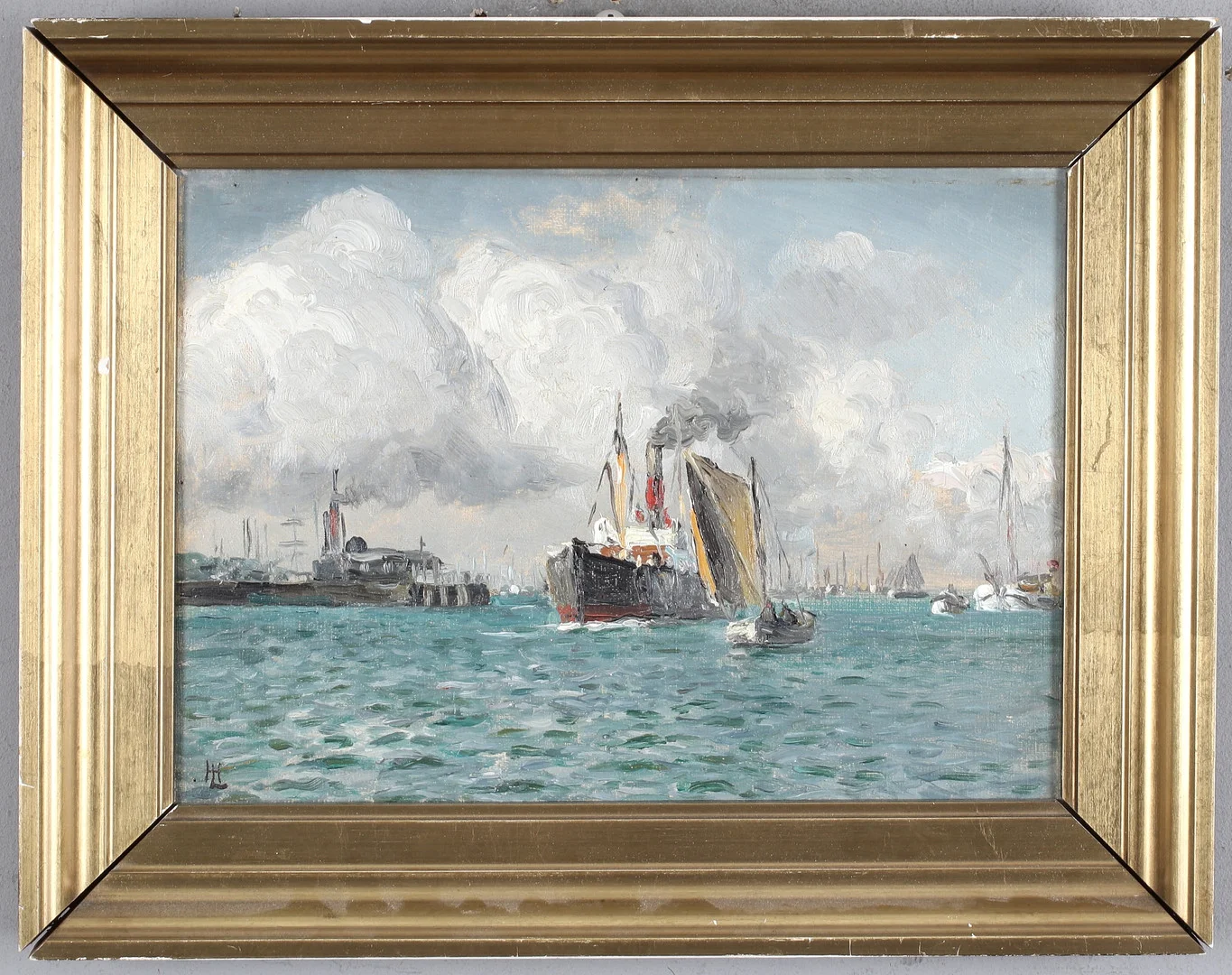 HOLGER LÜBBERS (1850 - 1931). Båtar vid hamn, olja på duk, signerad. — Paintings — Stadsauktion Sundsvall