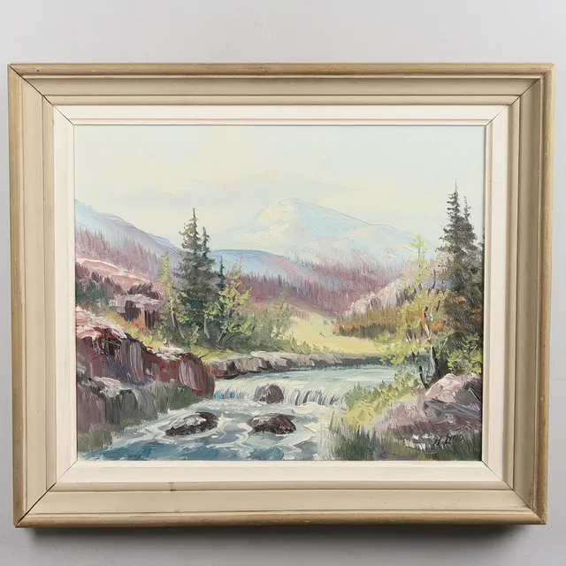 OIDENTIFIERAD KONSTNÄR. Olja på duk. "Bergslandskap", signerad H. Lind.