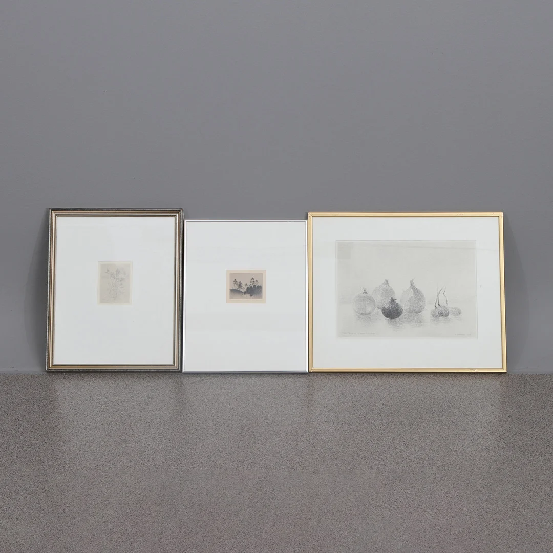 GUNNAR NORRMAN. TECKNINGAR, TVÅ ST SAMT TORRNÅL. Landskap och stilleben. Signerade, en med dedikation. — Drawings — Skånes Auktionsverk