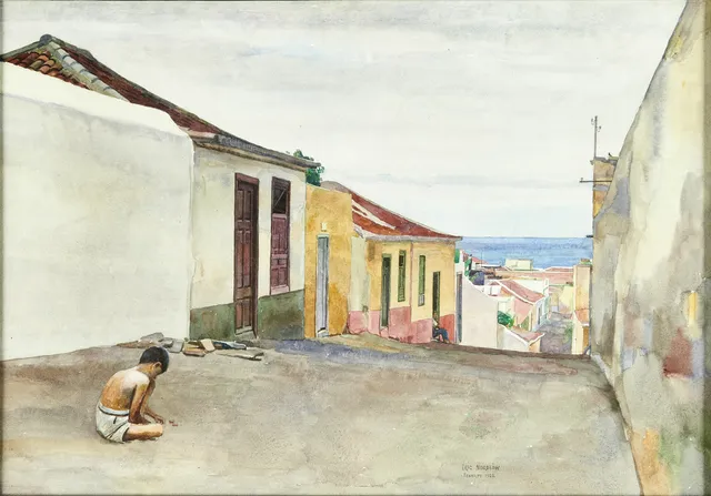 ERIC NORDLÖW (1908-1983), Gatubild med pojke, Teneriffa, signerad och daterad ’ERIC NORDLÖW TENERIFE 1952’, akvarell.