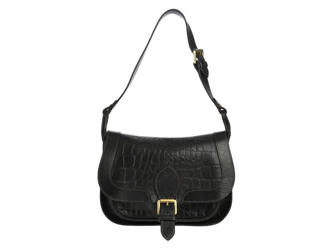 VÄSKA, MULBERRY, svart präglat läder, mässingfärgade beslag, 23x16x8 cm, slitage. — Accessoarer/Väskor — Kaplans