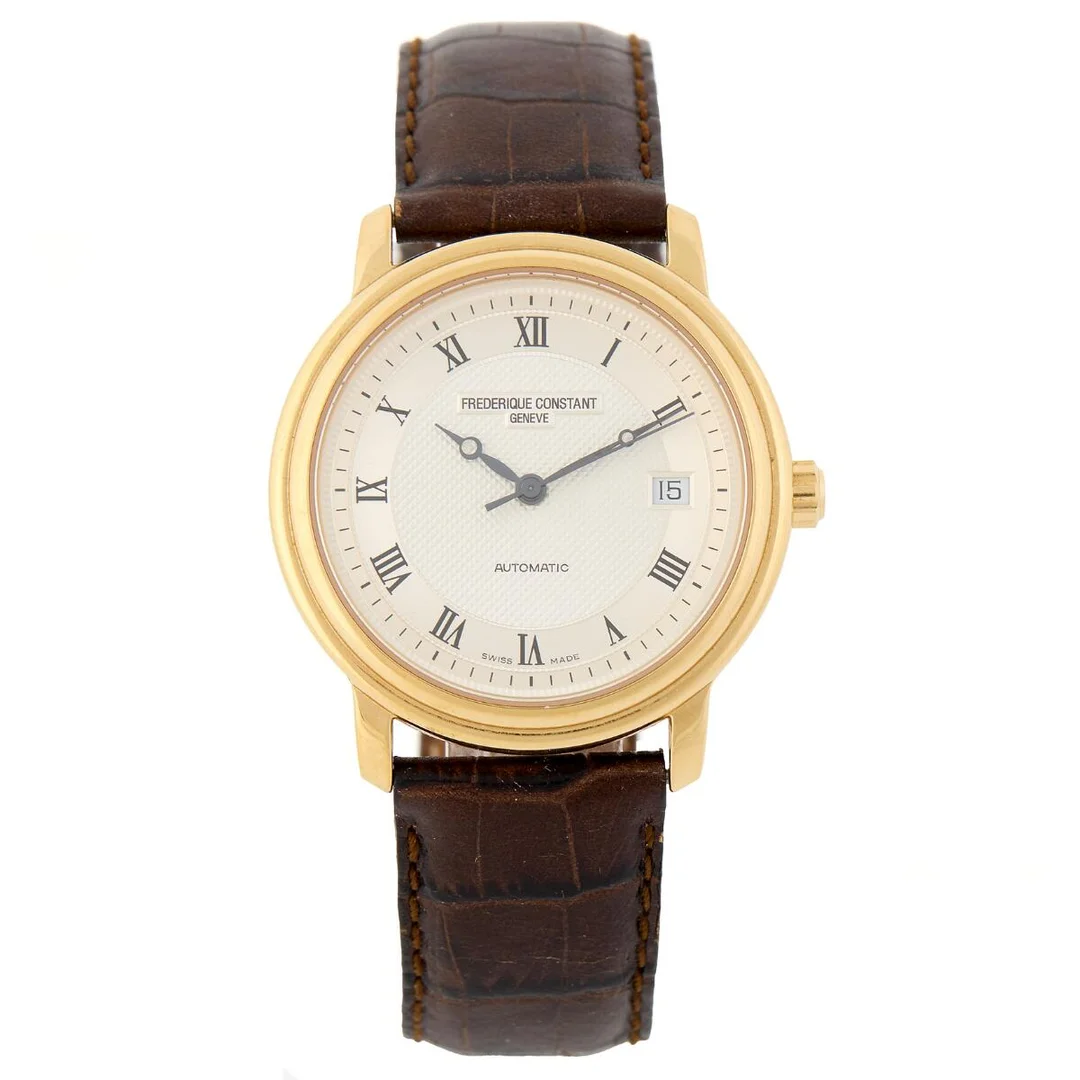 Classic of gold-plated steel, ref. FC-303/310×3P5/6. Mechanical movement with automatic winding and date indication, cal. SW200. Brown embossed crocodile strap with C-clasp of gold-plated steel. Ø 40 mm. 2010s. — Clocks & watches/Wristwatches — Bruun Rasmussen