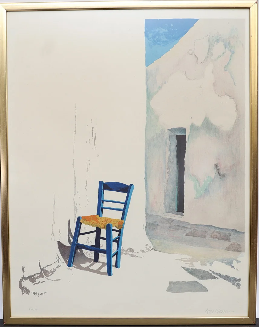 AINA LARSSON. Komposition med stol, färglitografi, signerad och numrerad. — Engravings & Prints — Falun Auktionsbyrå