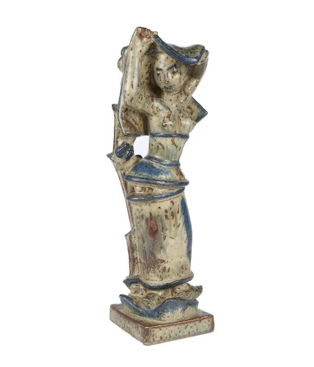 Helge Christoffersen for Royal Copenhagen. Standing woman, large unique stoneware figurine with sung glaze