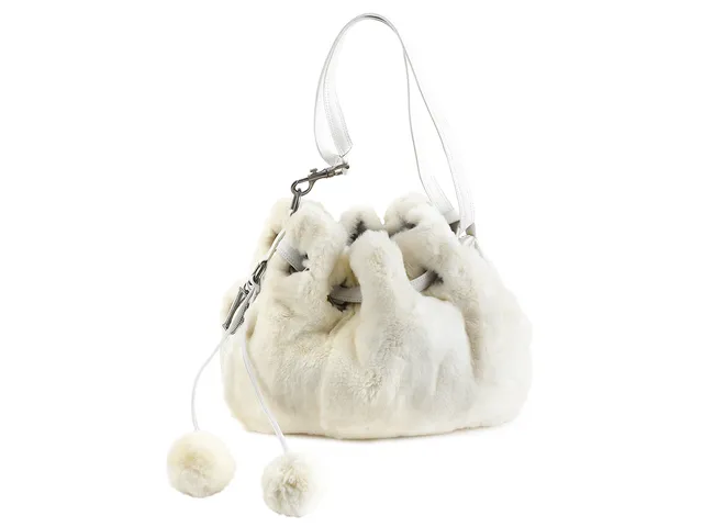 VÄSKA, CHRISTIAN DIOR, Limited Edition 617, satin, "D" hänge, vit päls, tofsar, 42x32x13 cm.
