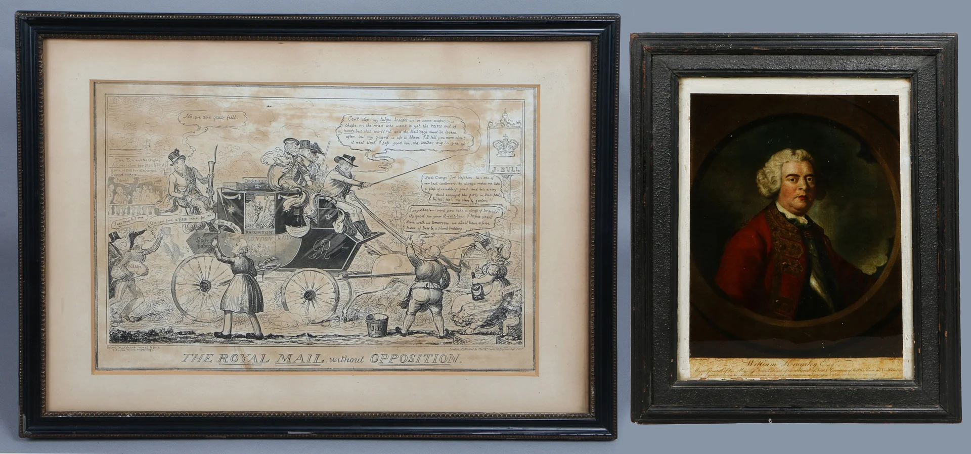 A GEORGE III REVERSE PRINT ON GLASS & A CRUIKSHANK PRINT (2). — Paintings — Bishop & Miller