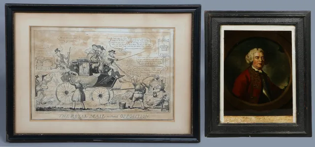 A GEORGE III REVERSE PRINT ON GLASS & A CRUIKSHANK PRINT (2).