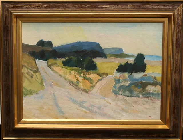 TAGE NILSSON. Olja på pannå, landskap vid havet, monogramsignerad TN.