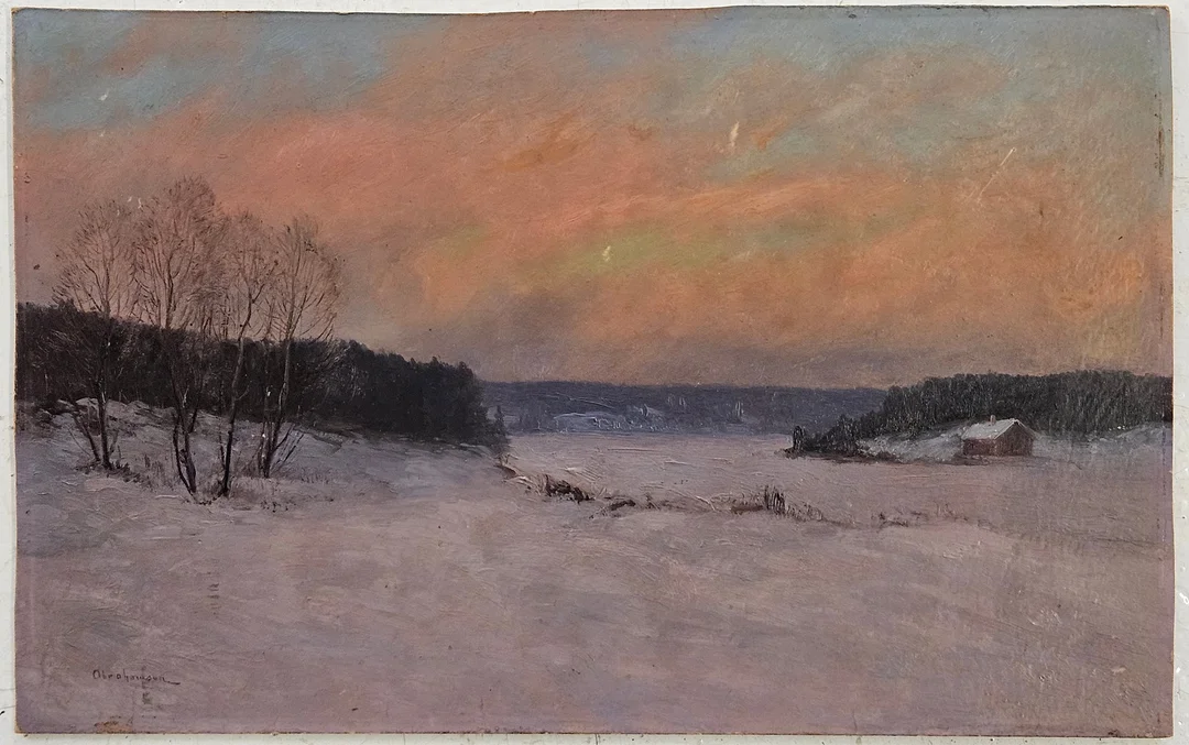 ERIK ABRAHAMSON. Vinterlandskap. Olja på pannå, signerad Abrahamson. — Paintings — Auktionshuset Thörner & Ek
