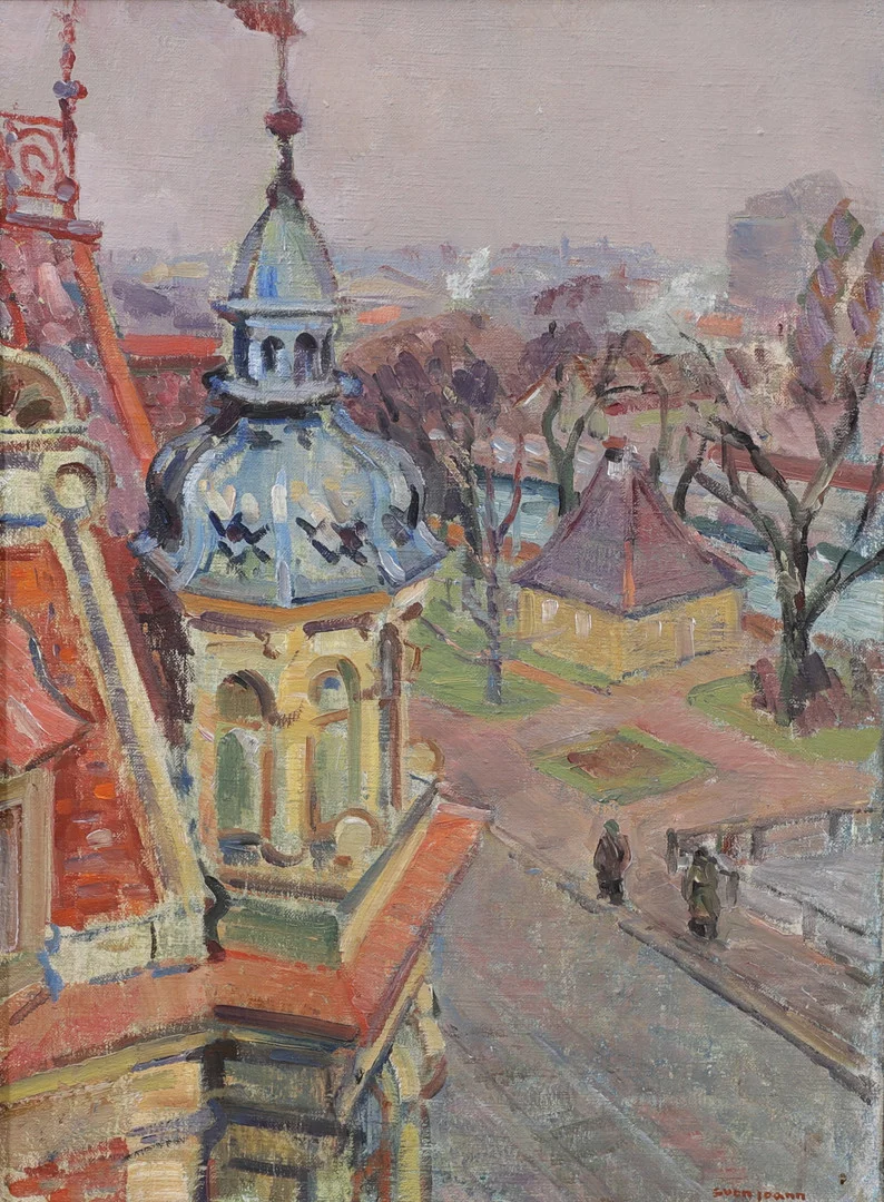 SVEN JOANN. "Blå Tornet, Norra Vallgatan, Malmö", olja på duk, signerad. — Paintings — Växjö Auktionskammare