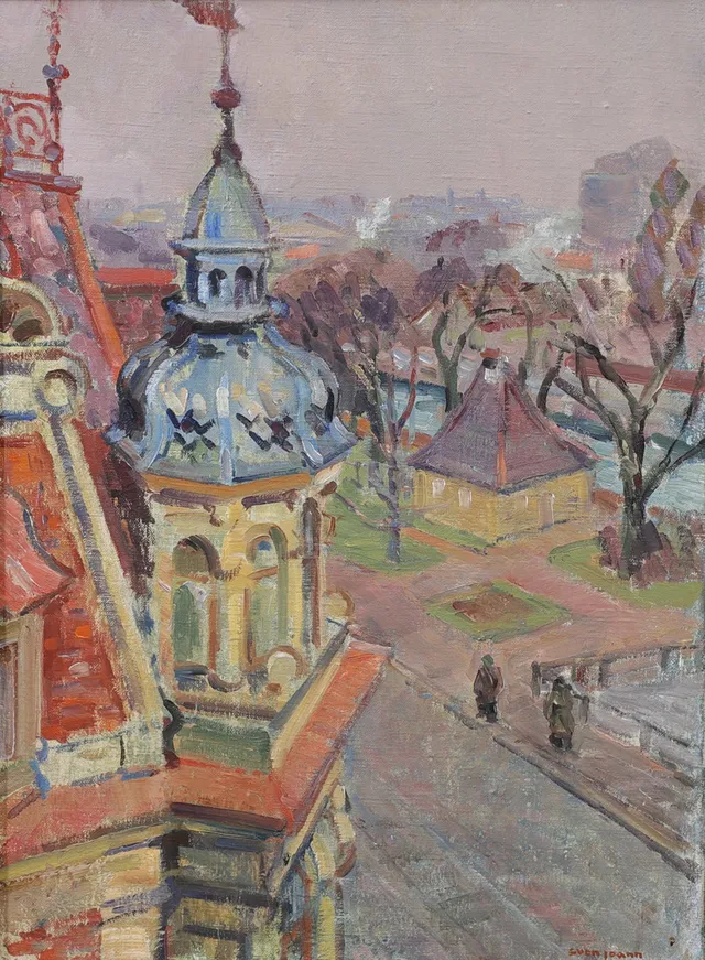 SVEN JOANN. "Blå Tornet, Norra Vallgatan, Malmö", olja på duk, signerad.