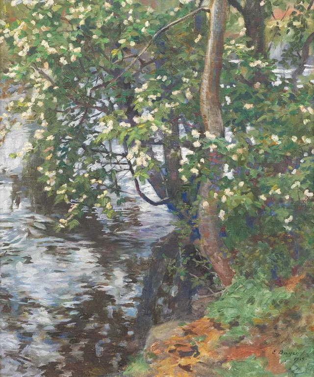 EINAR BAGER. Vattenspegling i Kungsparken, Malmö. Olja på duk, signerad och daterad 1919.