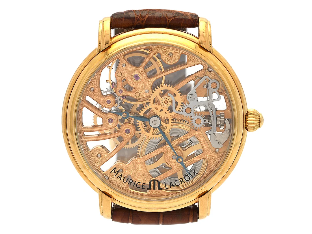 MAURICE LACROIX, Masterpiece Collection Squelette, Cal ML 16 (ETA 6497-1), Serie nr. AH 36526, Ref nr. MP 6268, herrur, 43 mm, 18K guld, manuell, safirglas, skeletterad urtavla, glasbaksida, läderband, originalspänne 18K guld, cert, april 2004, box, ytterkartong. — Klockor/Maurice Lacroix — Kaplans