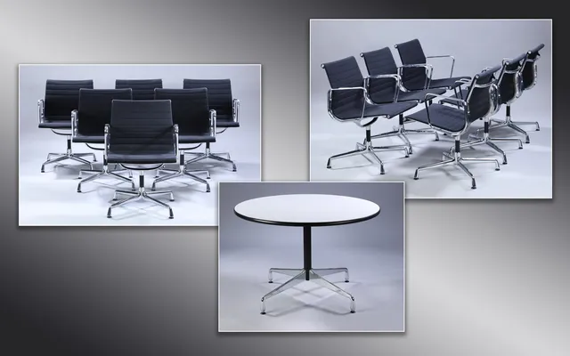 Charles Eames. Set of 12 armchairs from the series 'Aluminium Group' model EA-108 and Charles Eames. 'Segmented Table'. Circular table, Ø 110 cm. (13)