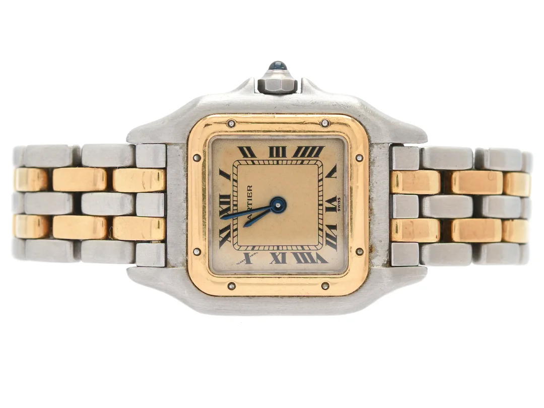 CARTIER, Panthère, Cal 66, Boett nr. 166921 / 058624, damur, 22 x 22 (30) mm, stål/guld, quartz, safirglas (repa), skadad urtavla, originallänk (2-radig, skadad), OBS: längd 140 mm, viklås (skadat, saknar länkbit), ca 1990, box. — Klockor/Cartier — Kaplans