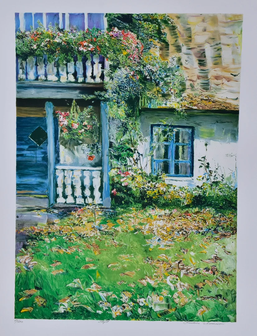 KRISTINA ASSARSSON. färglitografi, "Idyll". — Engravings & Prints — Halmstads Auktionskammare