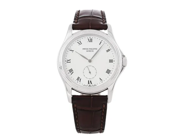 PATEK PHILIPPE, Genève, Calatrava, Cal 215 PS, Serie nr. 1907641, Ref nr. 5115G-001, Boett nr. 4174441, herrur, 35,5 mm, 18K vitguld, manuell, safirglas, liten sekundvisare, urtavla i emalj, läderband, originalspänne i 18K vitguld, servad december 2025, cert (ej komplett), ca 2001, box (skadad), ytterkartong.