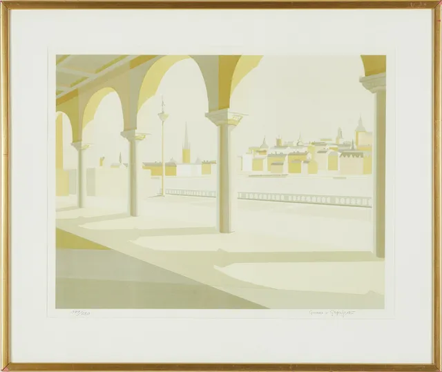 GUNNAR VON GEGERFELT (Laholm 1926-2012 Vreta kloster), Vy från stadshusarkaden mot Riddarholmen och Mariaberget, signerad och numrerad 379/550, färglitografi.
