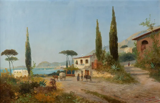 GEORG FISCHHOF (1859-1914). Südländische Küstenlandschaft mit Figurenstaffage.