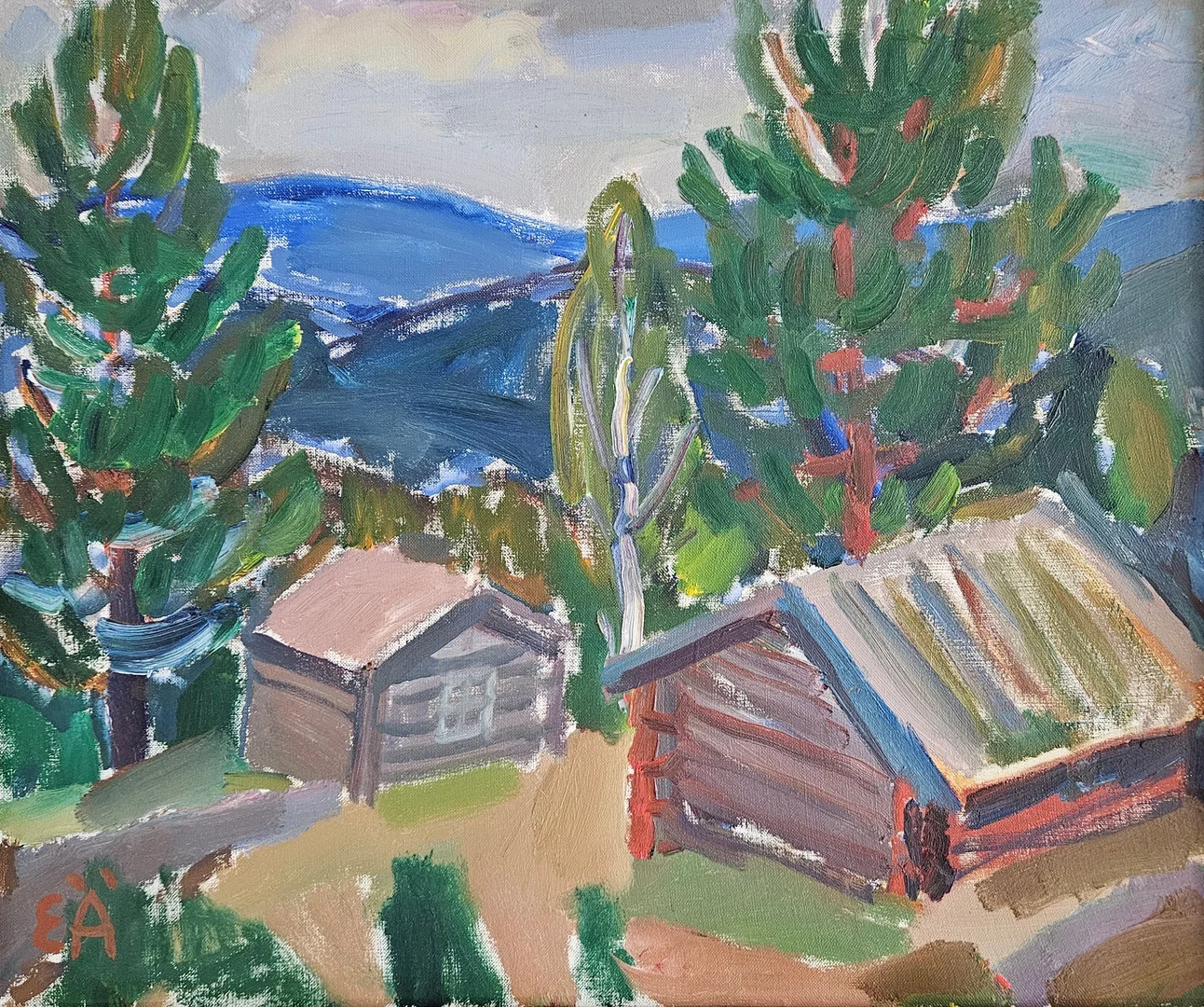 ERLING ÄRLINGSSON. Landskap med hus, träd och berg. Olja på duk, signerad EÄ. — Paintings — Auktionshuset Thörner & Ek