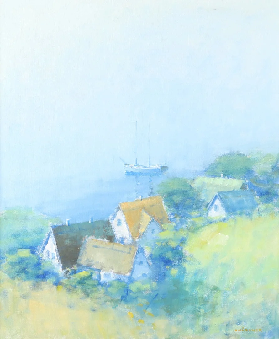 ULF HÅRDNER. Kustpart med hus och båt, olja på duk, signerad U. Hårdner. — Paintings — Helsingborgs Auktionskammare