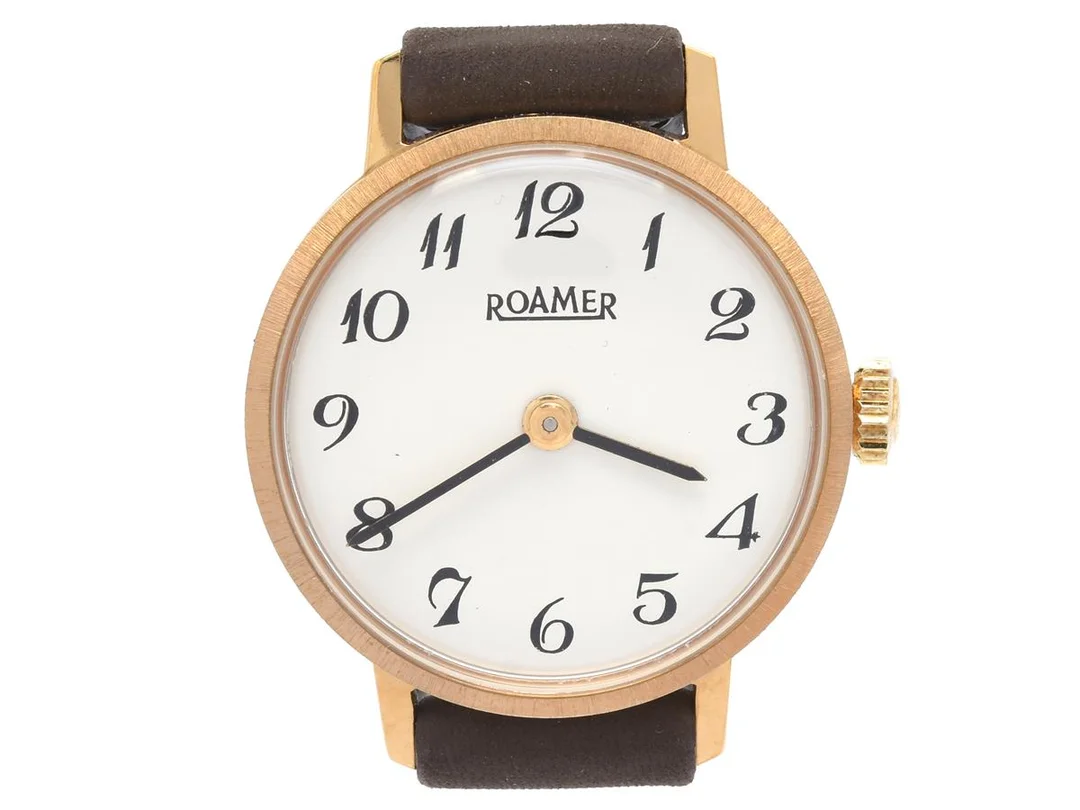 ROAMER, damur, 22 mm, Boett nr. 468.8220.095, doublé, manuell, plexiglas, läderband, originalspänne, ca 1975. — Klockor/Roamer — Kaplans