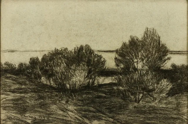 KARL NORDSTRÖM (Tjörn 1855-1923 Drottningholm). Utsikt mot havet, Varberg, signerad, daterad 1894, kol på papper.