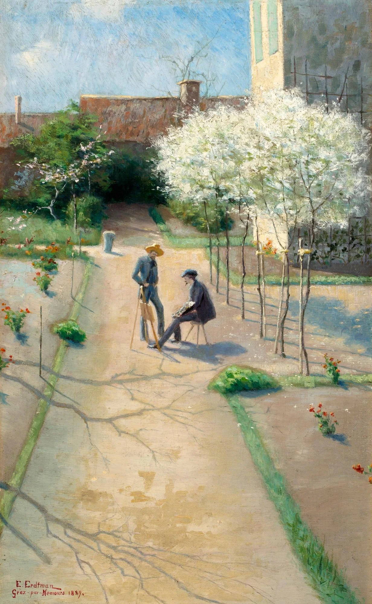 Elias Erdtman, Friluftsmålare och blommande fruktträd, Grez. — Bukowskis