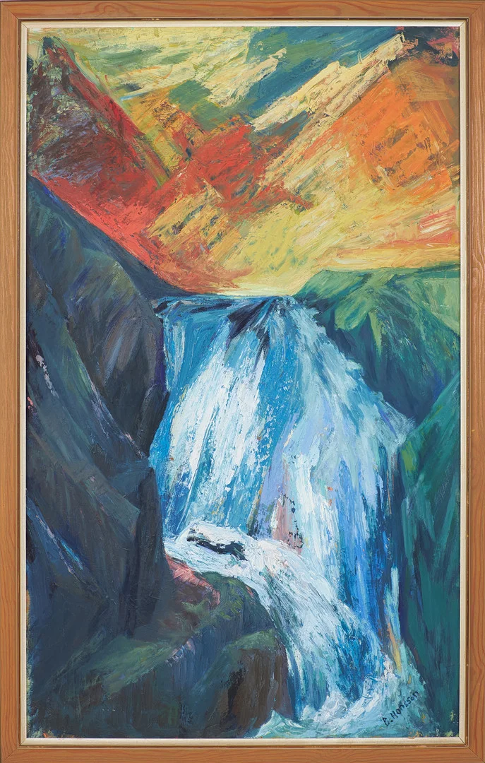 BRITA HANSSON. Fjällandskap med fors, olja på pannå, signerad. — Paintings — Stockholms Auktionsverk Sickla
