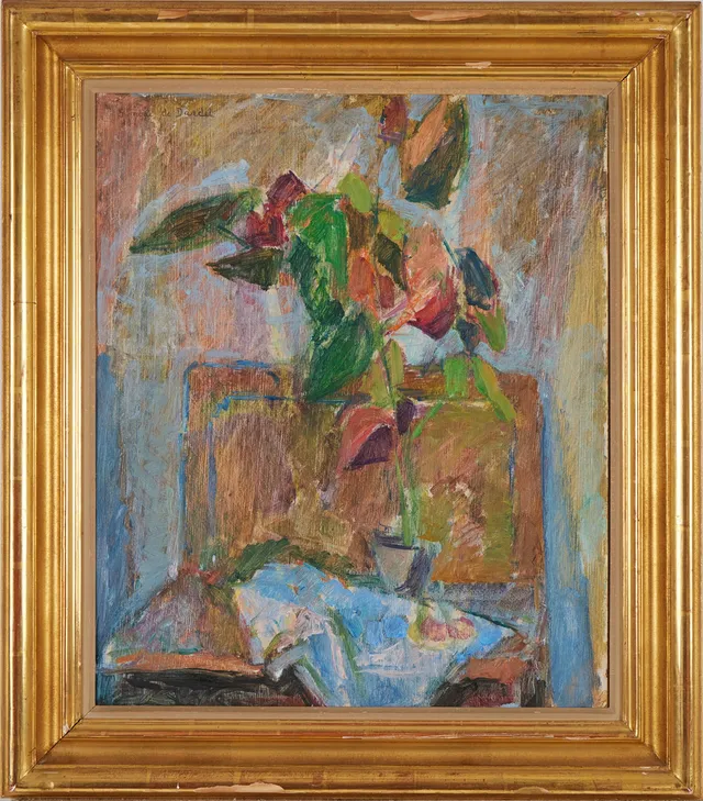 SIMONE DE DARDEL (1913-1996). Stilleben med röd bladväxt, olja på pannå, signerad.