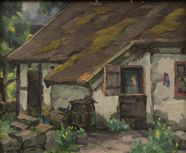 BROR LJUNGGREN (1884-1939). Bakgård med öppen dörr, olja på pannå, signerad.