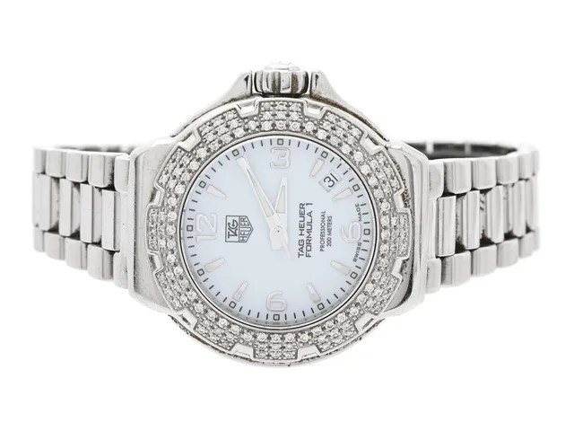 TAG HEUER, Formula 1, Professional (200 METERS), Serie nr. ERE1341, Ref nr. WAC1215.BA0852, Boett nr. WAC1215-0, damur, 36 mm, stål, quartz, safirglas, datum, briljantkrans (120 st. ca W/I, ca 0,75 ctv), originallänk, viklås, Ref nr. BA0852, tillverkad 2006, cert, januari 2010, box, ytterkartong.