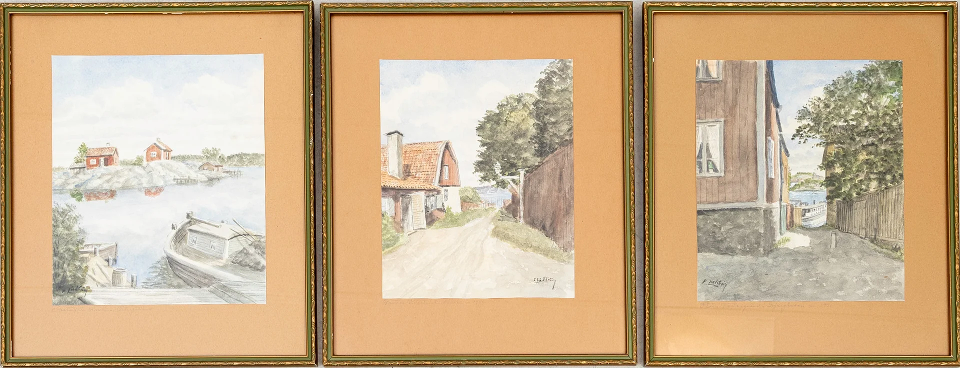 FRANS LINDSTRÖM. Sommarmotiv, 3 st, akvarell på papper, signerade. — Paintings — Auktionshuset Kolonn