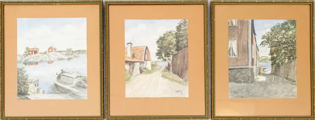 FRANS LINDSTRÖM. Sommarmotiv, 3 st, akvarell på papper, signerade.