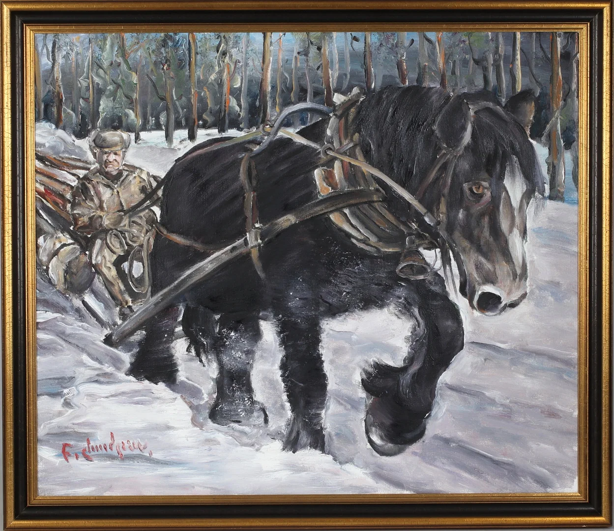 FRED LUNDGREN. Arbetshäst, olja på duk, signerad. — Paintings — Stadsauktion Sundsvall