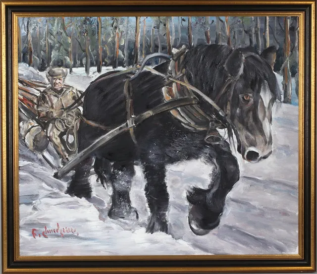 FRED LUNDGREN. Arbetshäst, olja på duk, signerad.