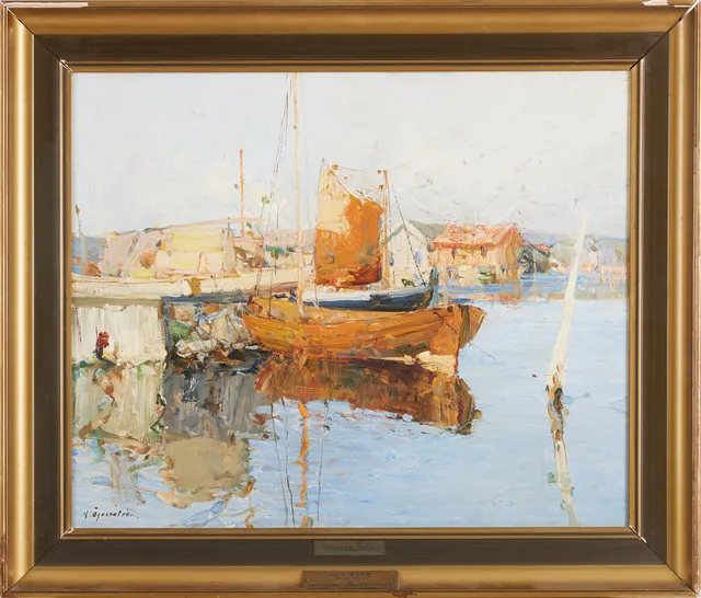 HUGO ÖFVERSTRÖM. Fiskehamn, oljemålning på pannå, signerad H Öfverström.