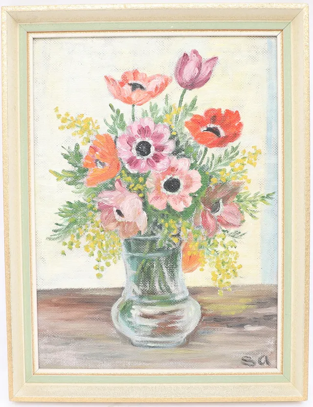 OIDENTIFIERAD KONSTNÄR. Stilleben med blomster, oljemålning på pannå, signerad SA.