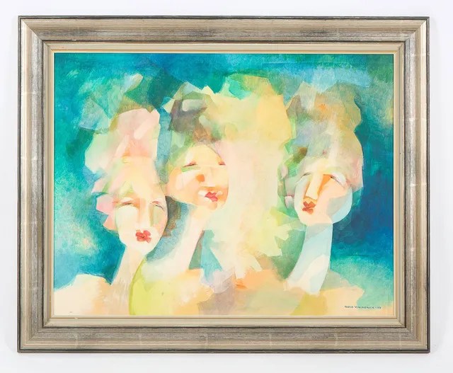 TAPIO KINNUNEN (1934-1981). Tre skönheter, signerad samt daterad -66, olja, gouache och blandteknik på pannå.