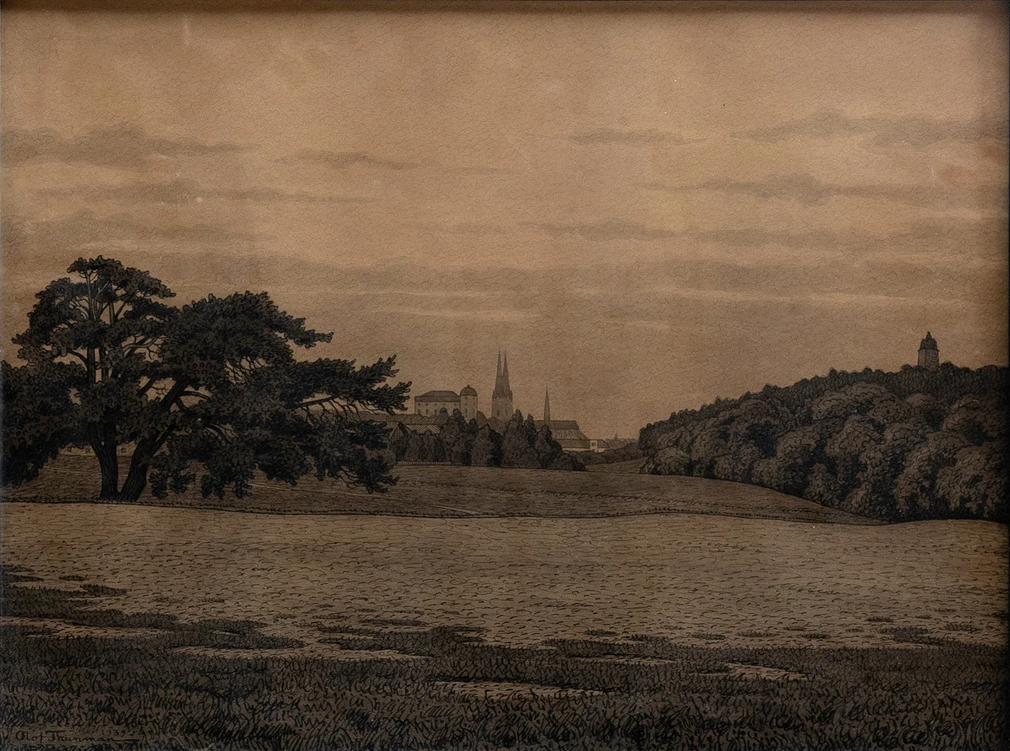 OLOF THUNMAN (1879-1944). Vy mot Uppsala Slott och Domkyrka, blandteknik på papper, signerad, daterad 1939. — Paintings — Auktionshuset Kolonn