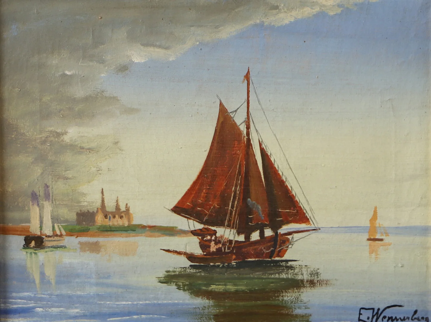 OIDENTIFIERAD KONSTNÄR. Segelbåt utanför Kronborg, olja på duk, signerad E. Wennerberg. — Paintings — Helsingborgs Auktionskammare