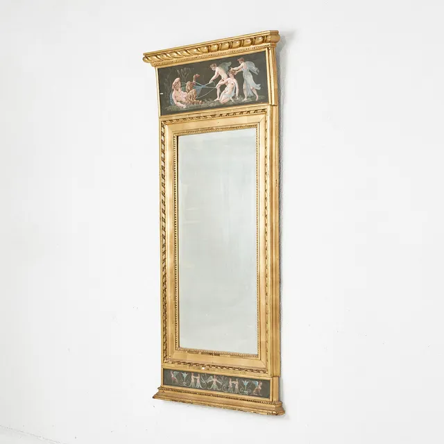 SPEGEL, 1800-talets början, sengustaviansk, delvis skuren dekor och pastellage, infällda gouacher.