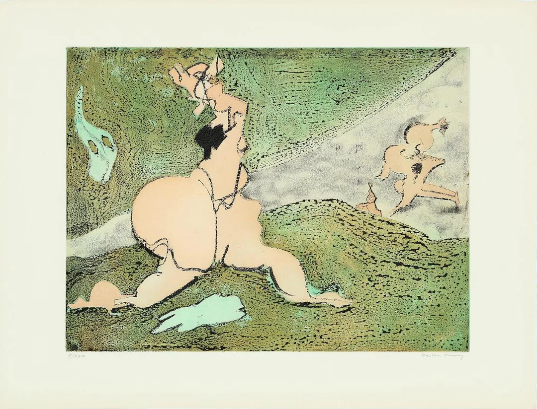 “Bonjour”, 1975. Signed Dorothea Tanning, 9/100. Published by Edition Georges Visat, Paris. Etching and aquatint in colours. Sheet size 51×66 cm. — Modern Prints/Modern art — Bruun Rasmussen