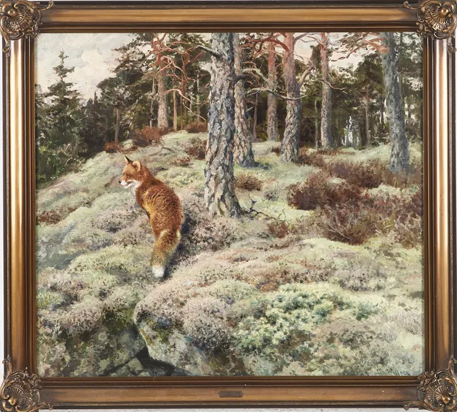 THURE WALLNER. Räv i höstlandskap, oljemålning på duk, signerad Th Wallner.