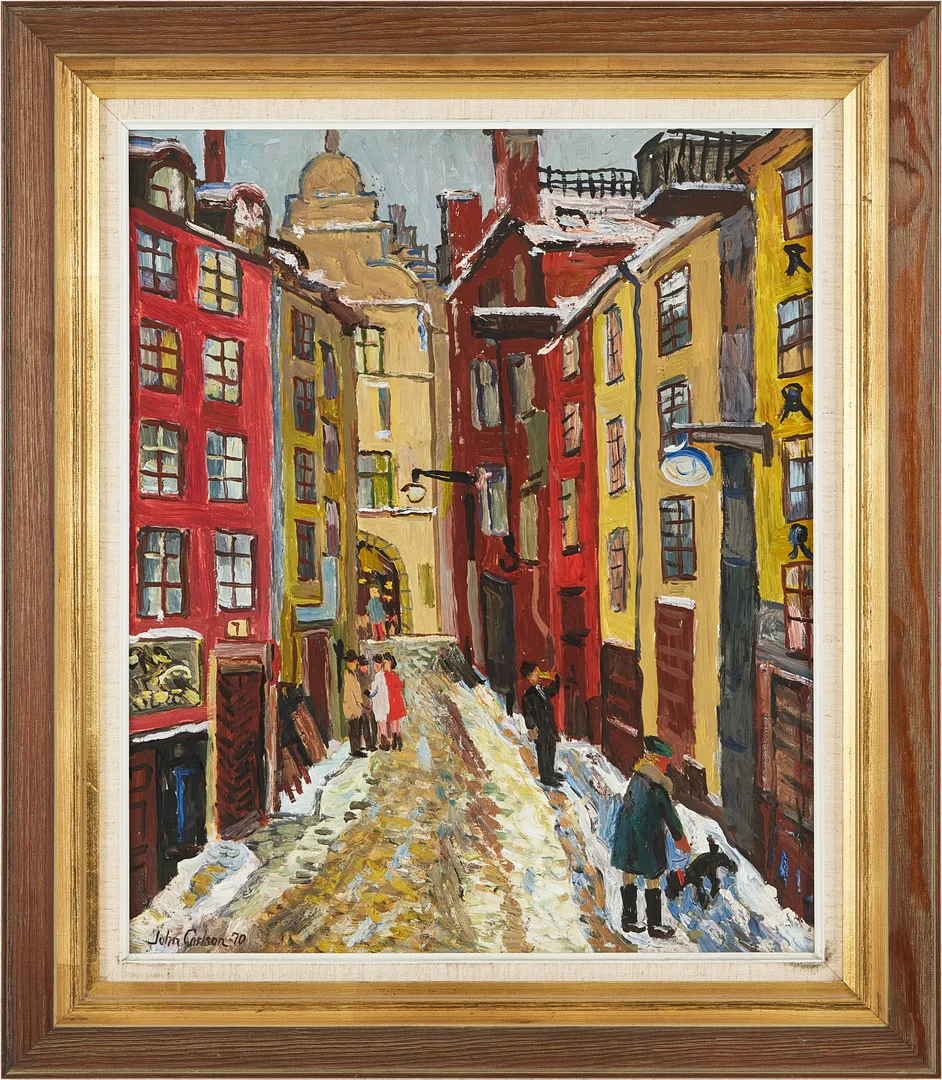 JOHN CARLSON. Skottgränd, Gamla stan, olja på pannå, signerad och daterad -70. — Paintings — Stockholms Auktionsverk Magasin 5