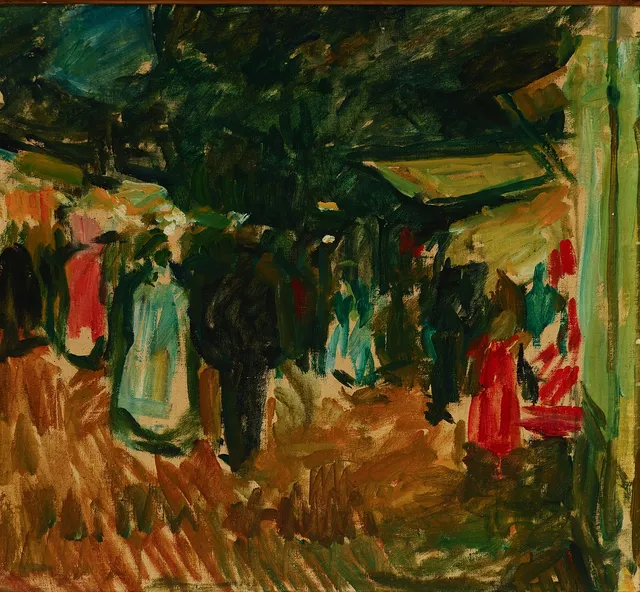 UBEKENDT KUNSTNER. Komposition med figurer, olie på lærred, usigneret, 1940-50'erne.